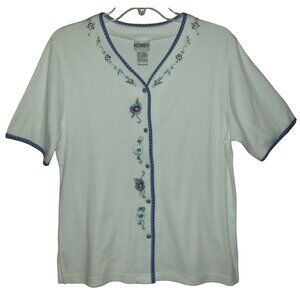 Koret Top Womens Size Small White Purple Floral Embroidered Knit Cardigan Shirt